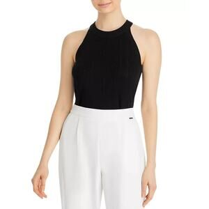 T Tahari Black Ribbed Halter Top Sweater Sz M Sleeveless Stretch Blouse